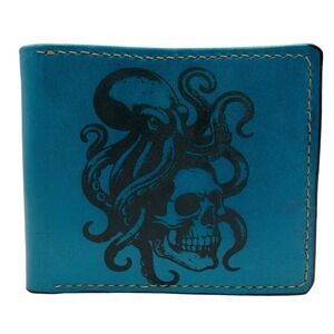 Mayan Corner Teal Leather Octopus Skull Bifold Wallet Handmade Nautical Gothic